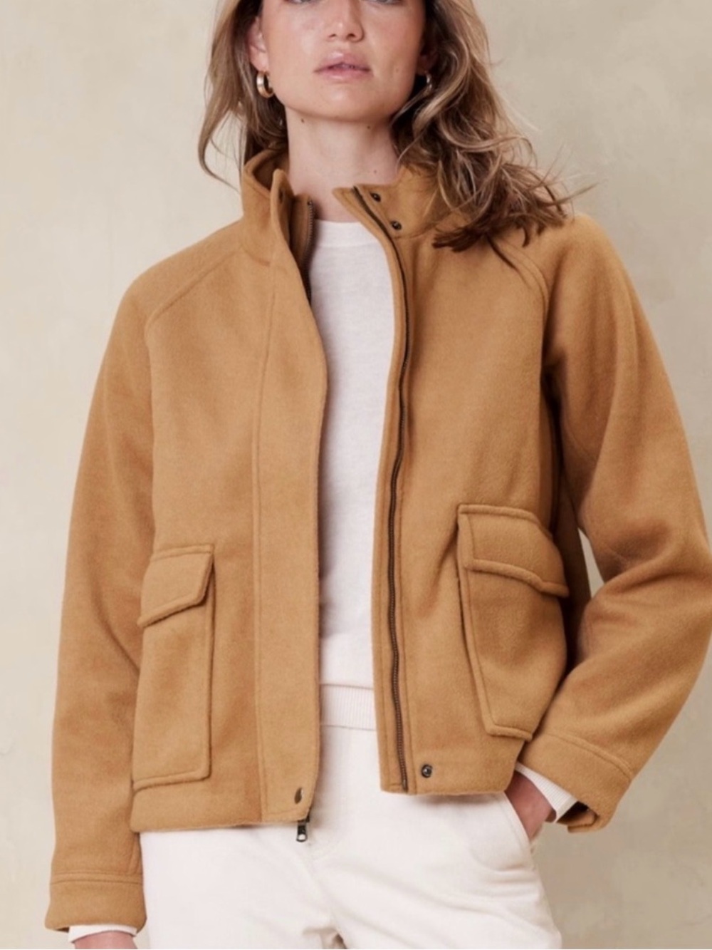 Banana Republic Camel Full Zip Mock oversize Jacket w/ Pockets Women’s M